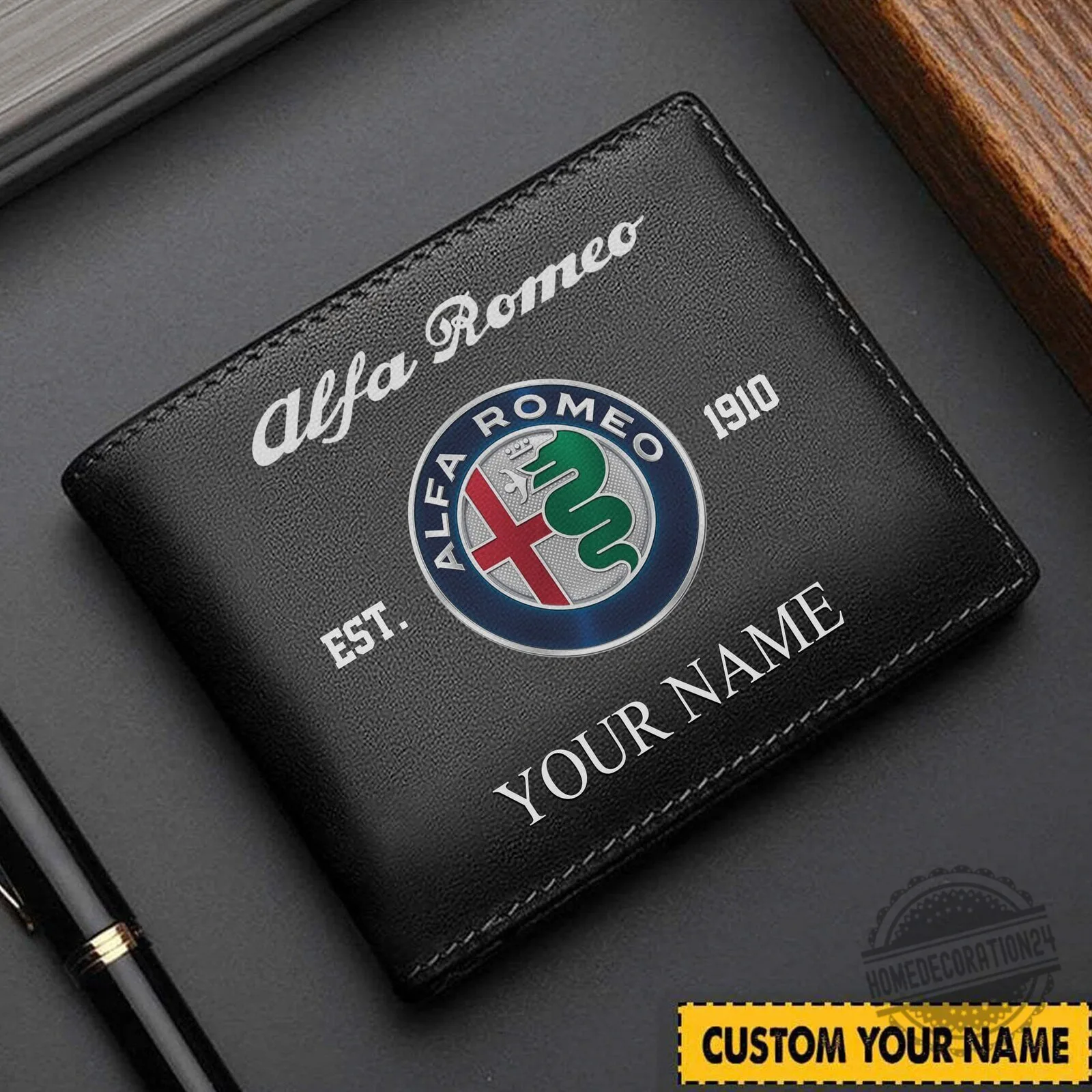 Alfa Romeo Est. 1910 Personalized Black Leather Wallet for Men