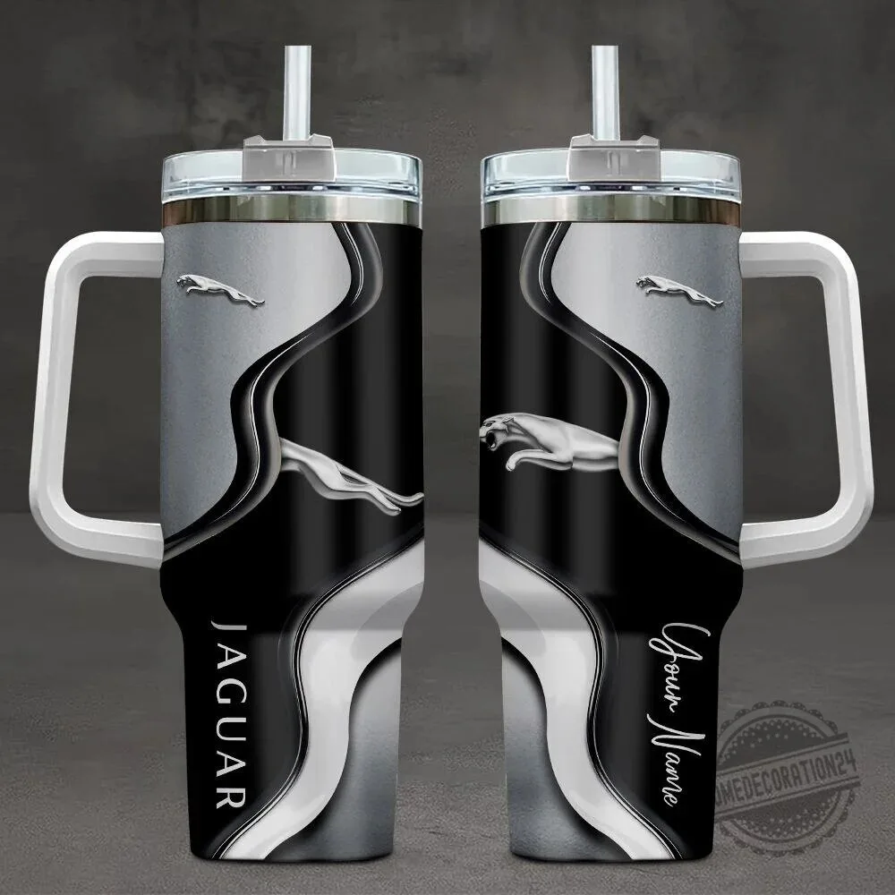 Jaguar Car Logo Custom Name Black and Silver Insulated Tumbler
