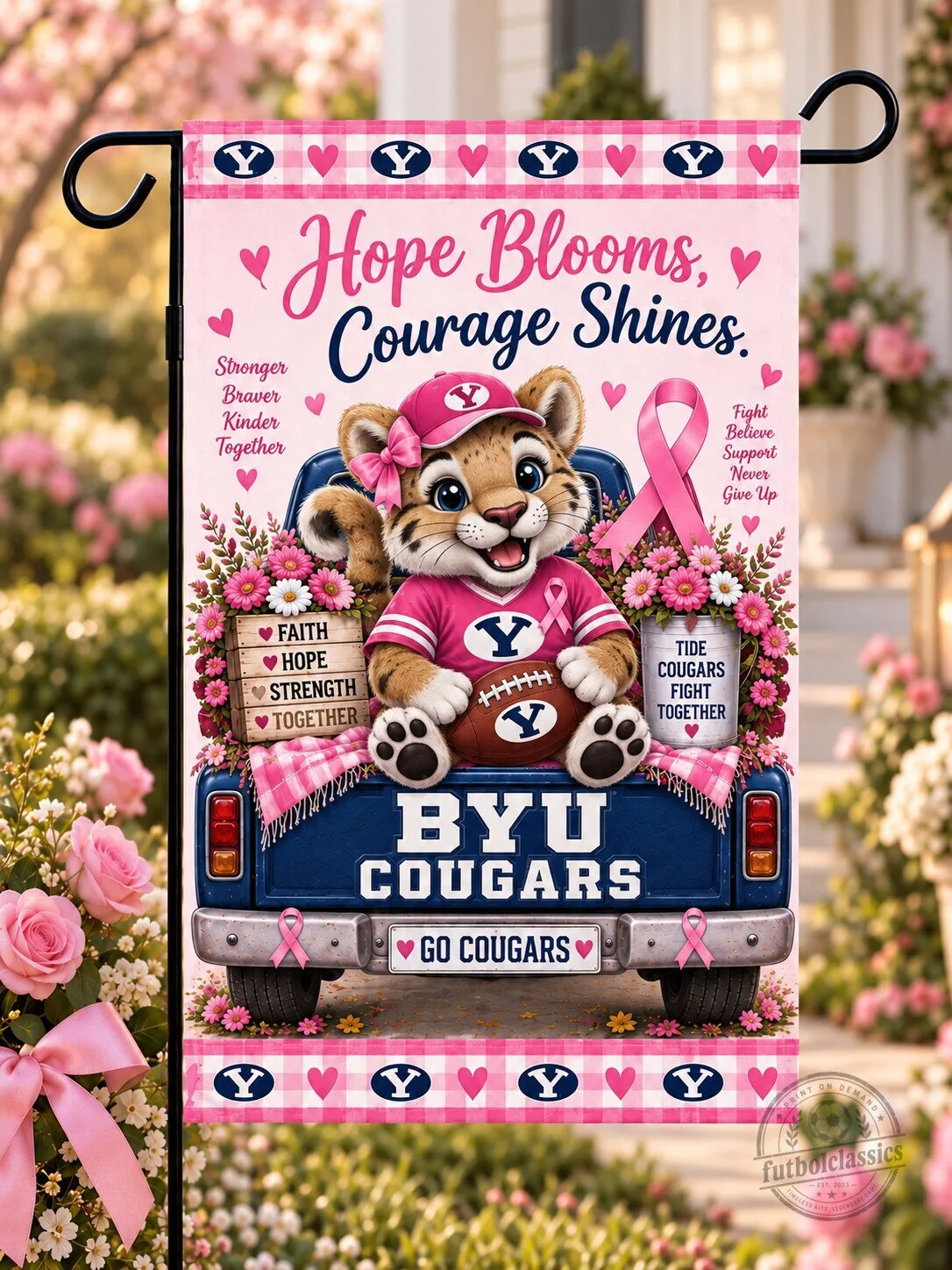 BYU Cougars Breast Cancer Awareness Hope Blooms Courage Shines Flag