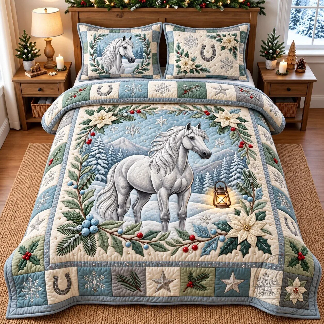 Winter White Horse Quilted Bedding Set with Pillow Shams