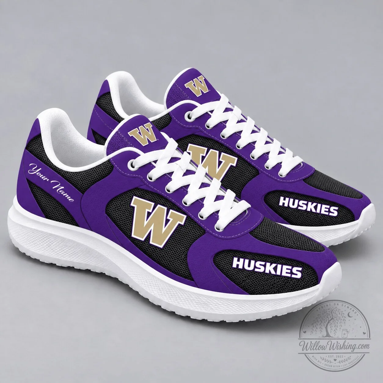 Washington Huskies NCAA Purple Gold Team Logo Custom Name Sneakers Shoes