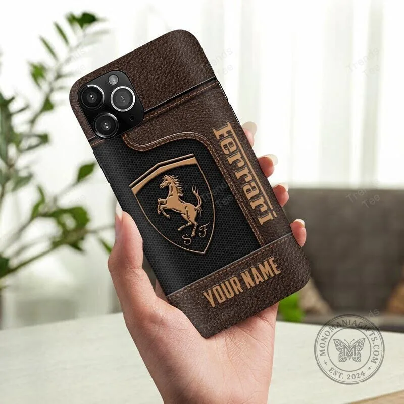 Personalized Ferrari Logo Brown Leather Custom Name Phone Case for All Models 4 Personalized Ferrari Logo Brown Leather Custom Name Phone Case for All Models