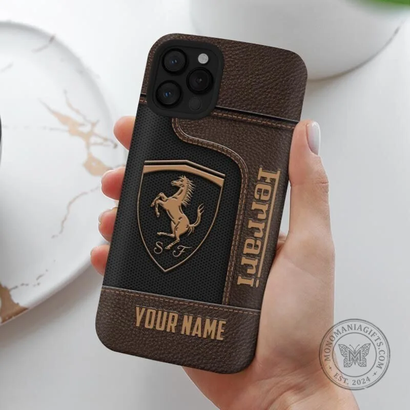 Personalized Ferrari Logo Brown Leather Custom Name Phone Case for All Models 5 Personalized Ferrari Logo Brown Leather Custom Name Phone Case for All Models