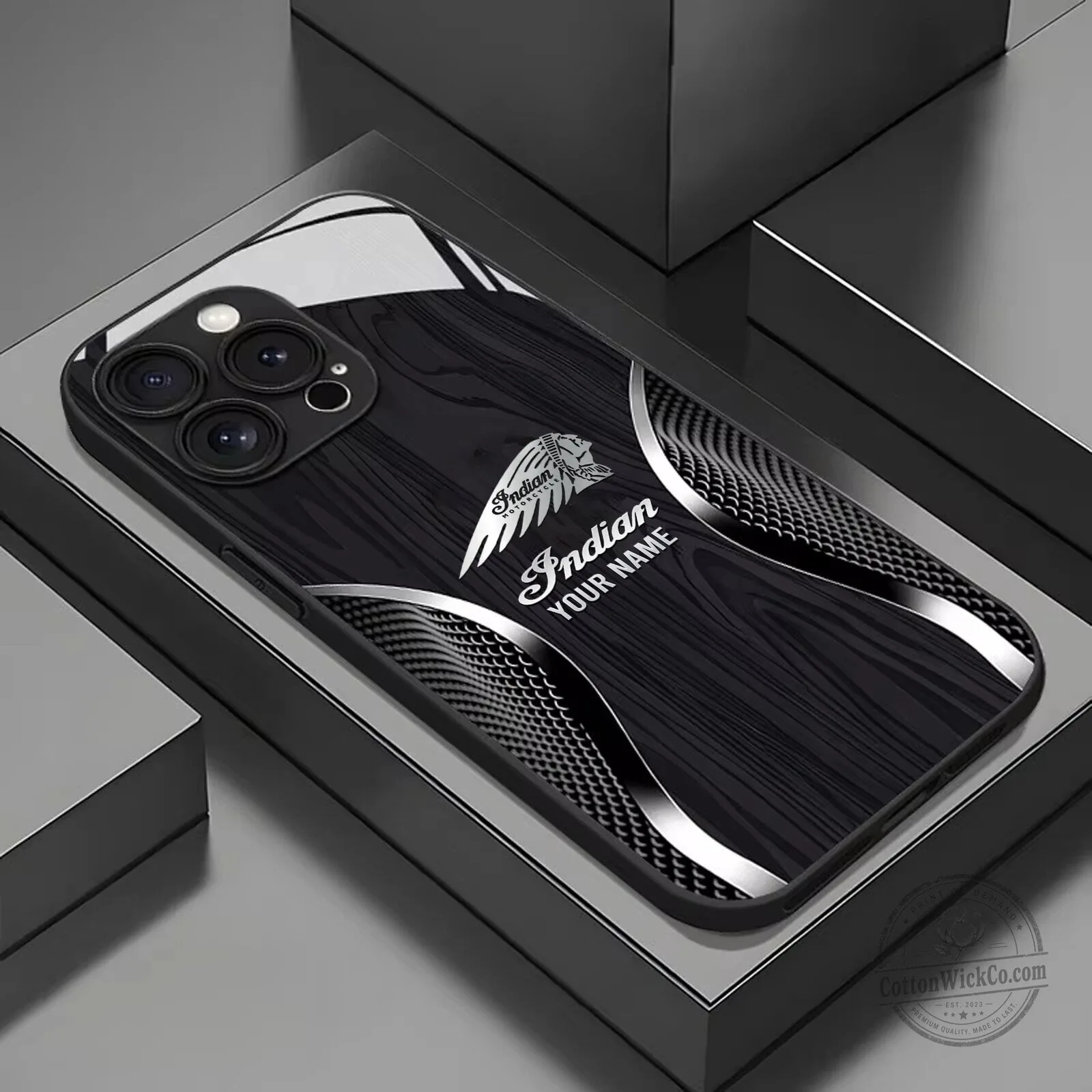 Indian Motorcycle Custom Name Black Wood Grain Phone Case
