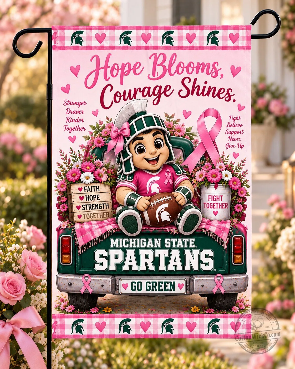 Michigan State Spartans Breast Cancer Awareness Hope Blooms Courage Shines Flag