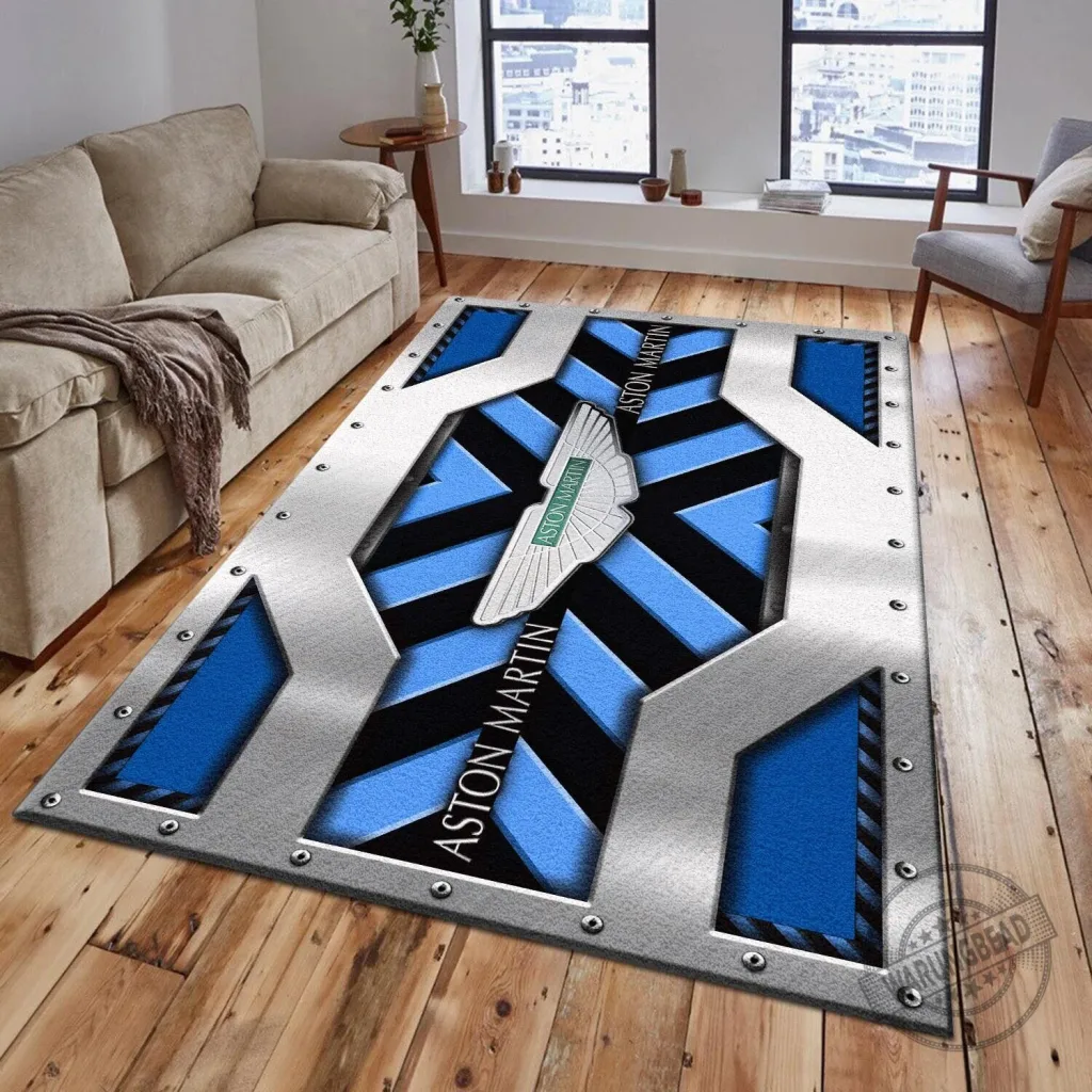 Aston Martin Racing Car Logo Blue and Black Striped Area Rug Aston Martin Racing Car Logo Blue and Black Striped Area Rug