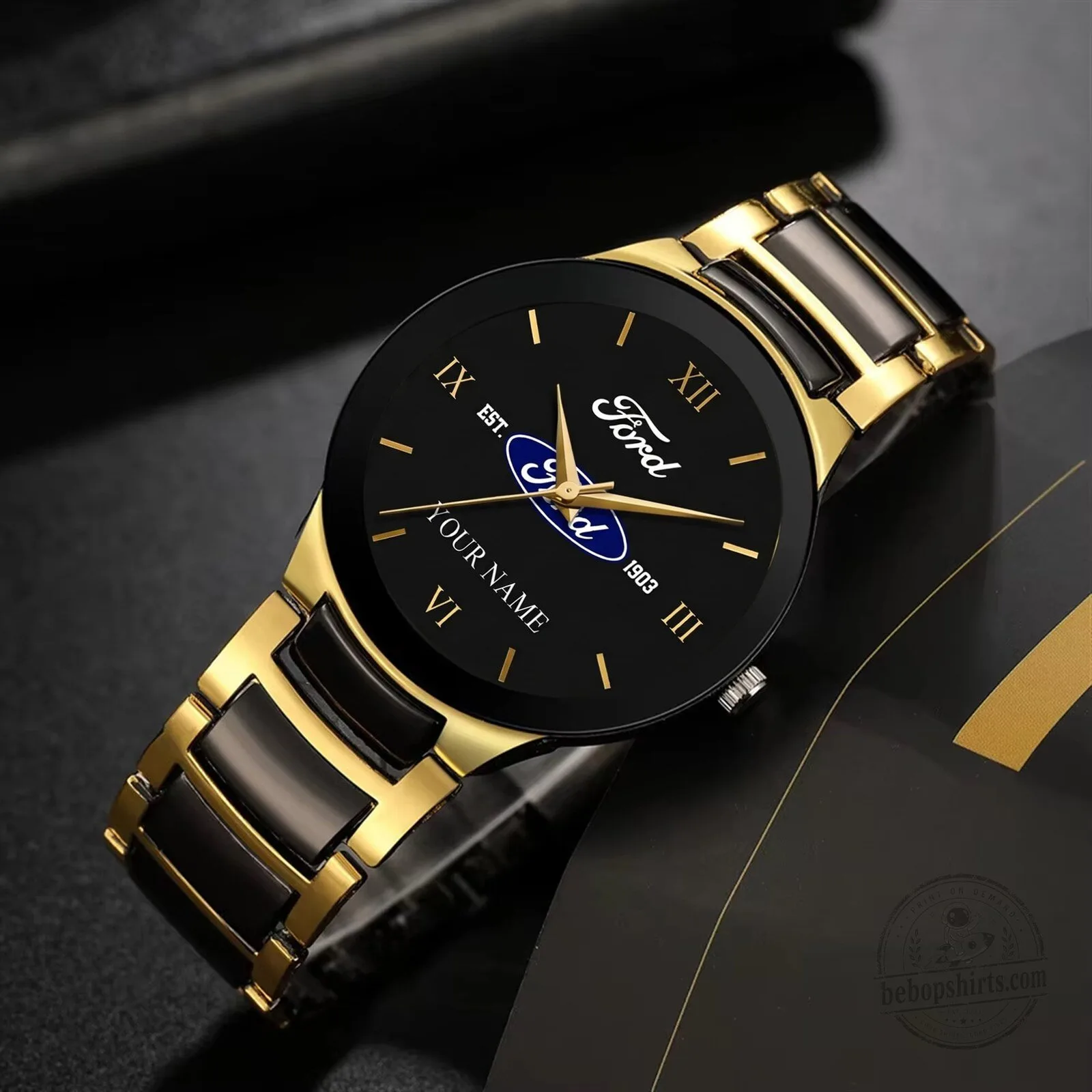 Ford Motor Company Custom Name Gold and Black Quartz Men's Watch
