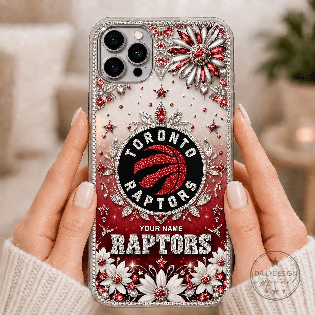 Toronto Raptors Basketball Team Custom Name Red Rhinestone Floral Phone Case