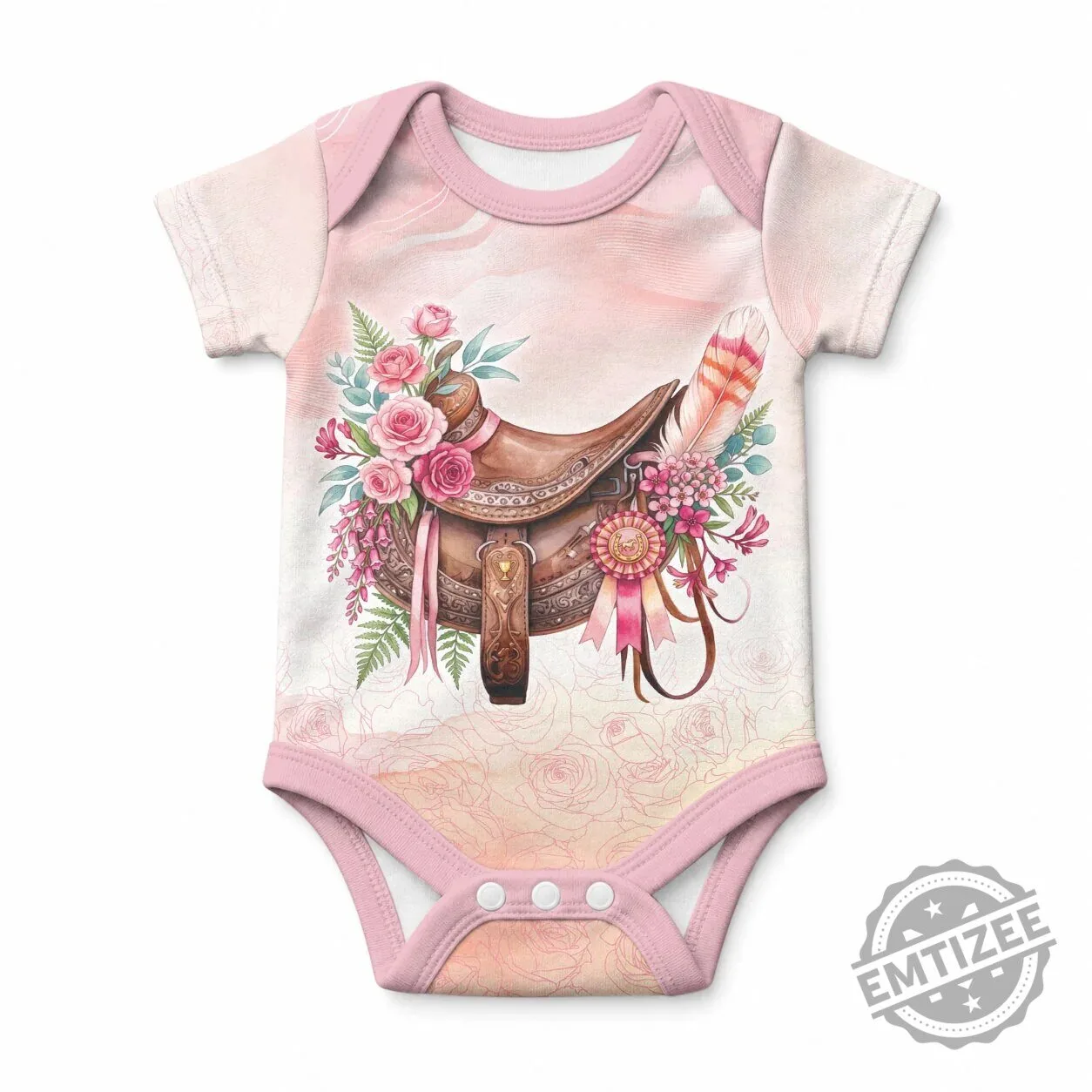 Pink Floral Horse Saddle Baby Onesie with Rose and Waxflower Flowers
