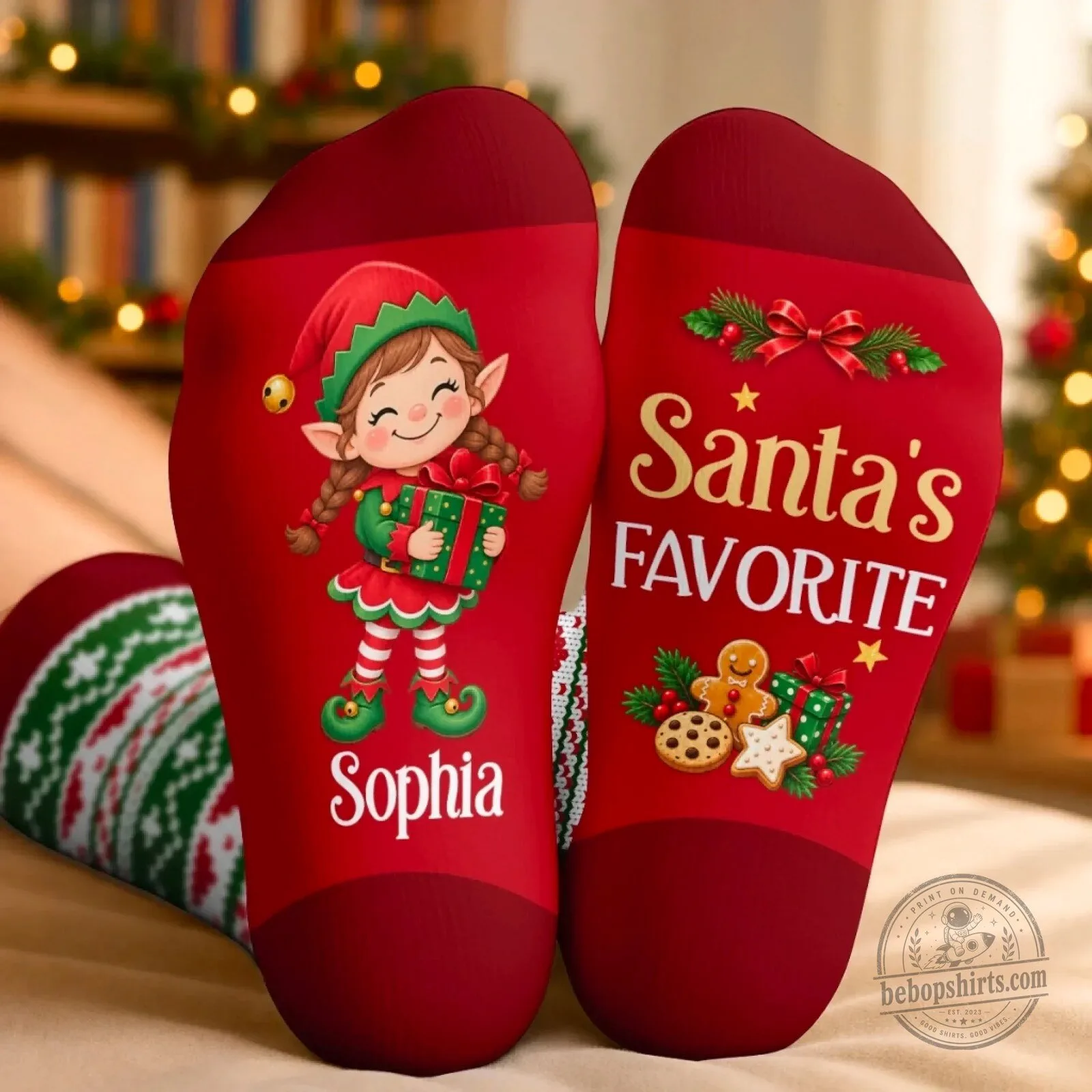 Personalized Christmas Elf Girl Santa's Favorite Holiday Crew Socks