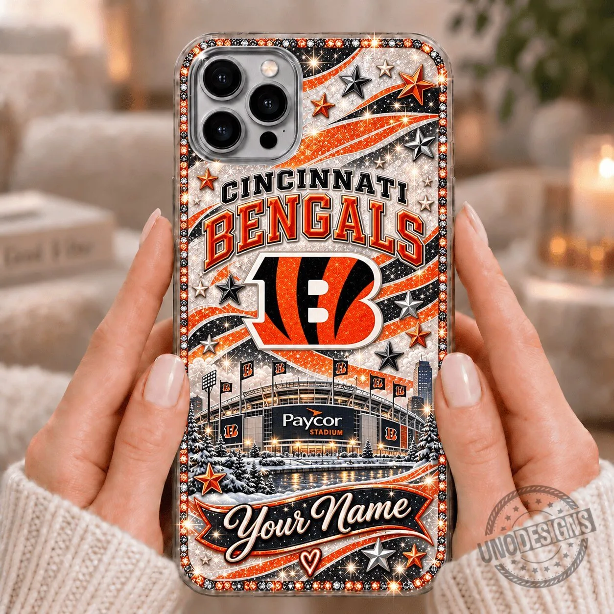 Cincinnati Bengals NFL Football Team Sparkle Design Custom Name Phone Case