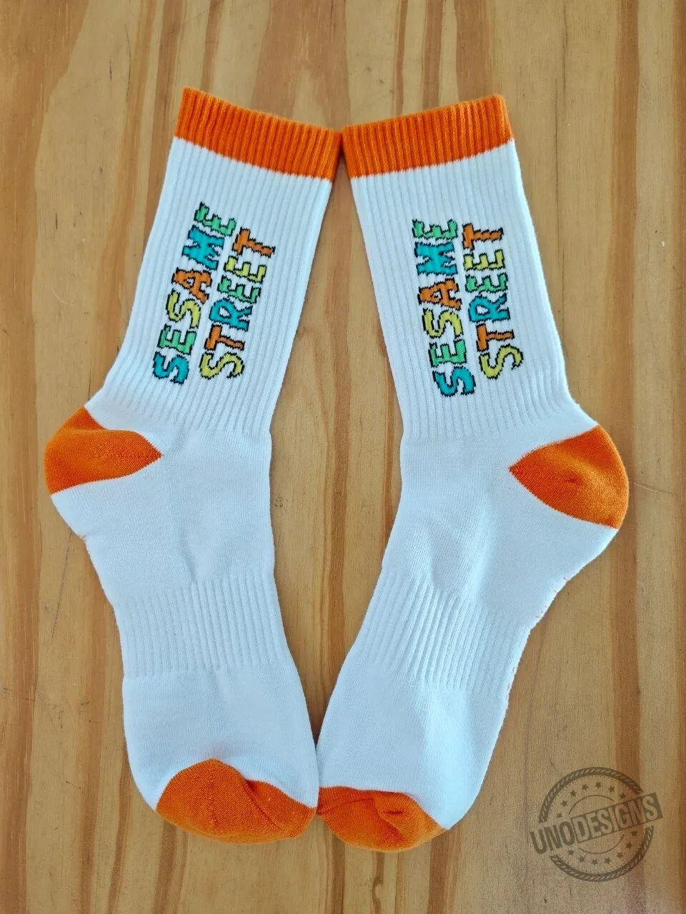 Sesame Street Retro Logo White and Orange Crew Socks