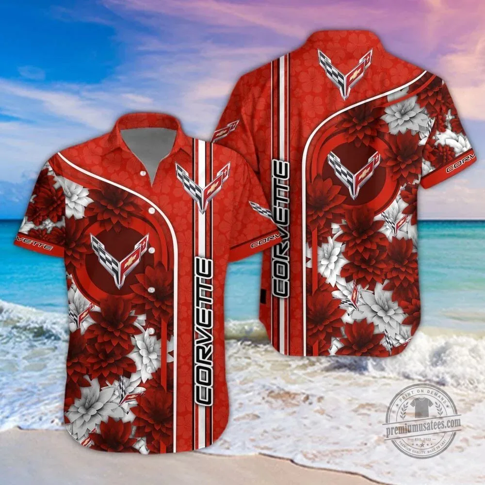 Corvette C8 Logo Red Floral Pattern Summer Beach Hawaiian Shirt
