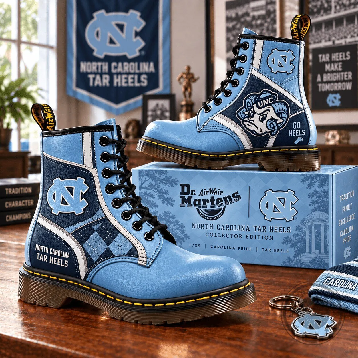 North Carolina Tar Heels Dr. Martens Style Lace-Up Leather Boots