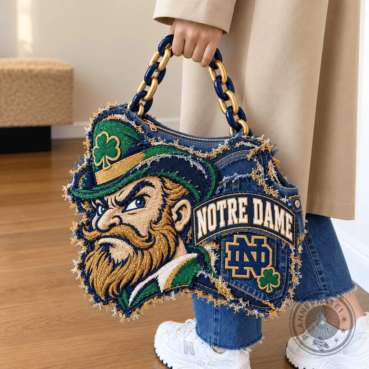 Notre Dame Fighting Irish Embroidered Denim Handbag with Gold Chain Strap