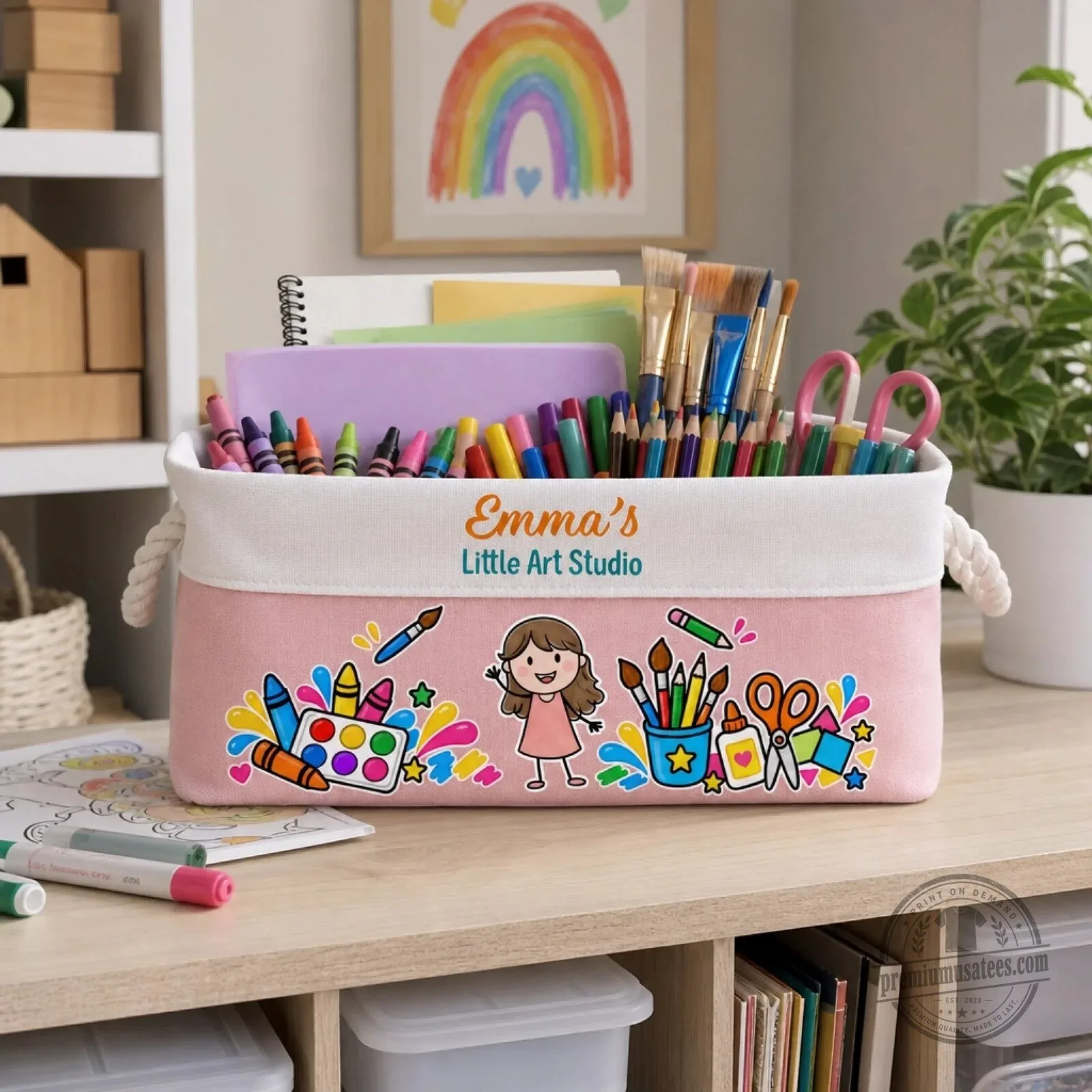 Personalized Kids Art Studio Storage Basket with Custom Name for Children