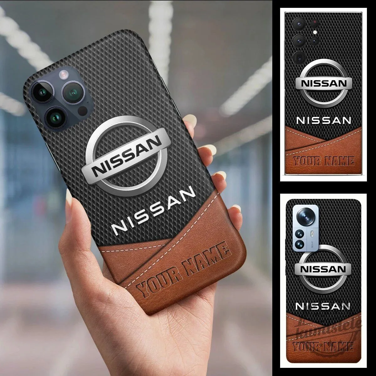 Nissan Car Logo Custom Name Black and Brown Leather Phone Case