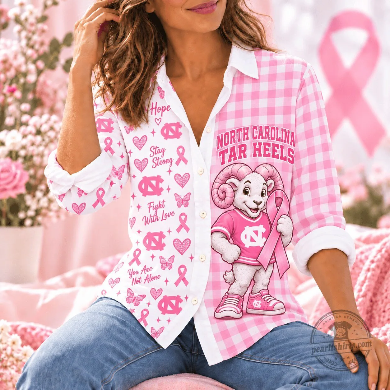 North Carolina Tar Heels Breast Cancer Awareness Pink Checkered Button-Up Shirt 1 North Carolina Tar Heels Breast Cancer Awareness Pink Checkered Button-Up Shirt