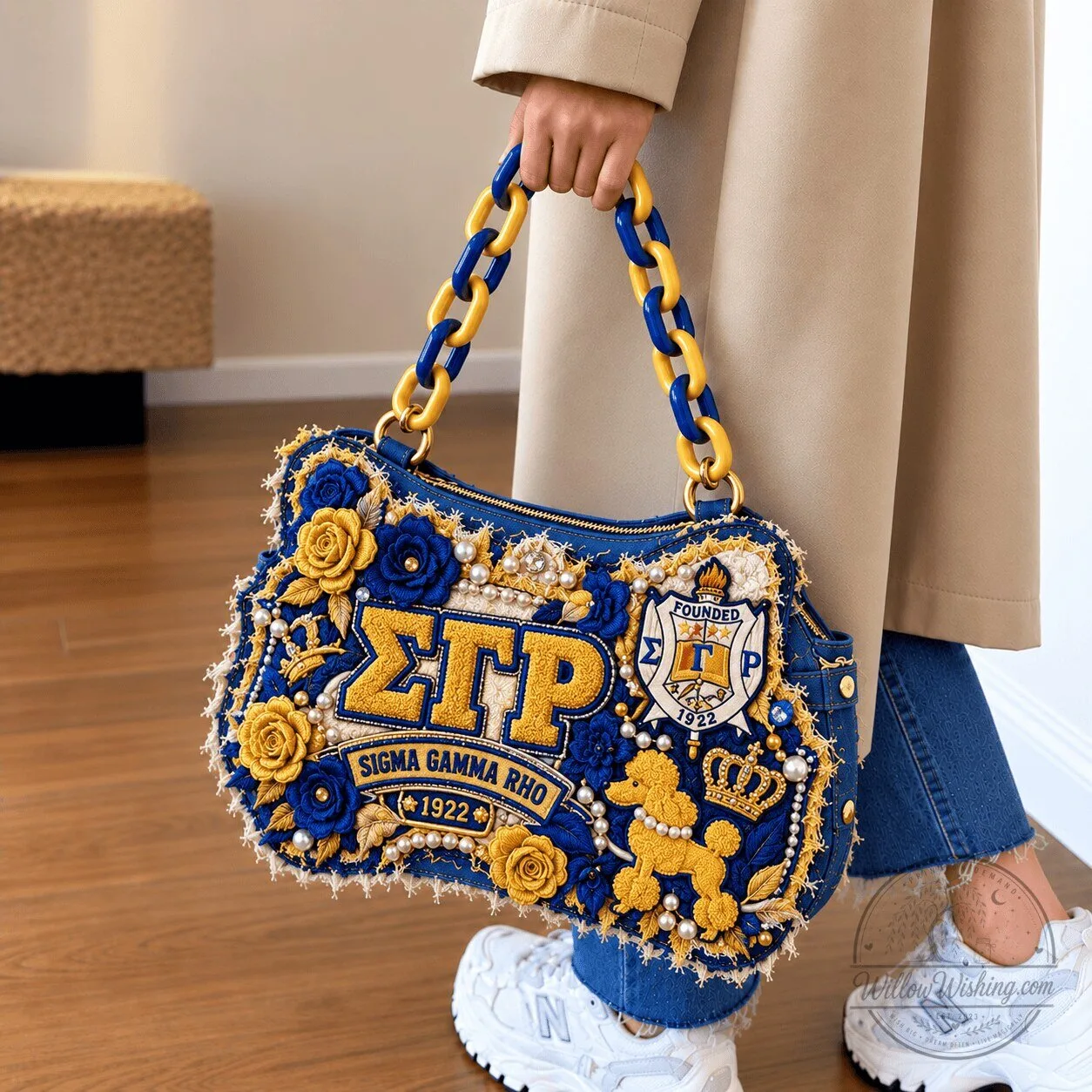 Sigma Gamma Rho Embroidered Denim Handbag with Chain Handle