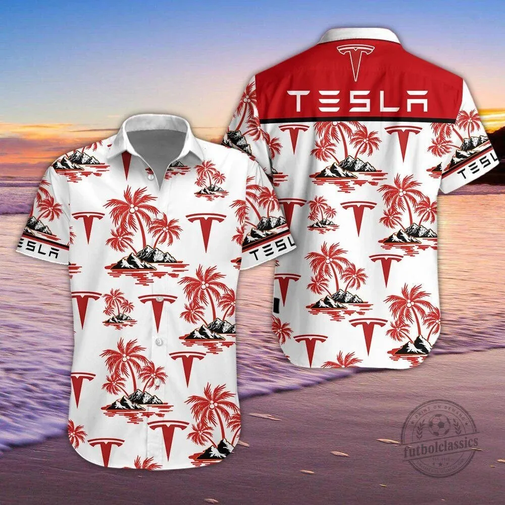 Tesla Motors Red Palm Tree White Beach Vacation Hawaiian Shirt