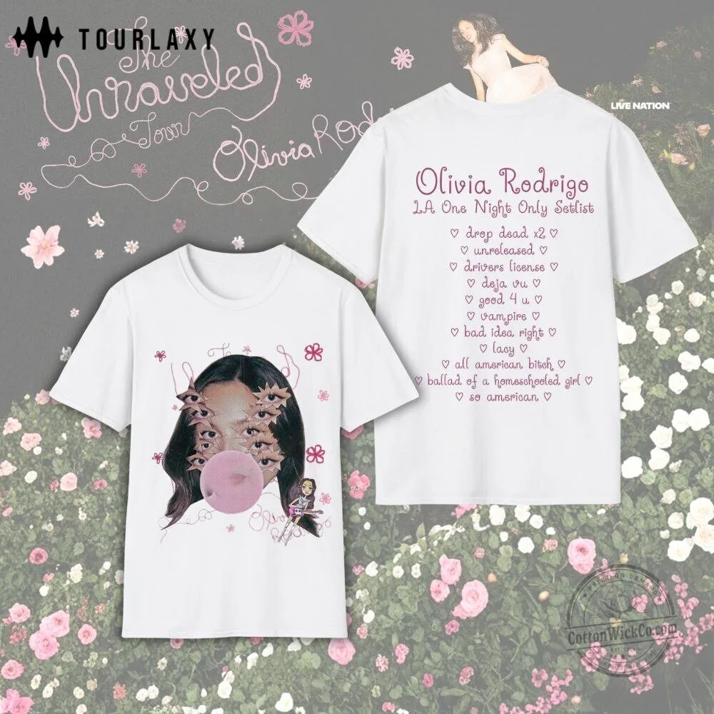 Olivia Rodrigo Shirt Unraveled Tour Setlist White T-Shirt 60 Olivia Rodrigo Shirt Unraveled Tour Setlist White T-Shirt