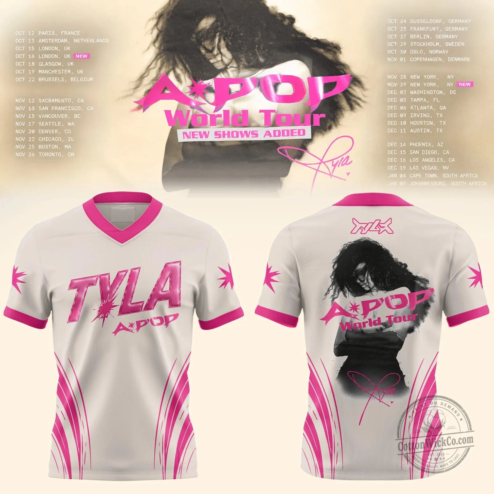 Tyla Apop World Tour 2024 Concert Dates Football Jersey