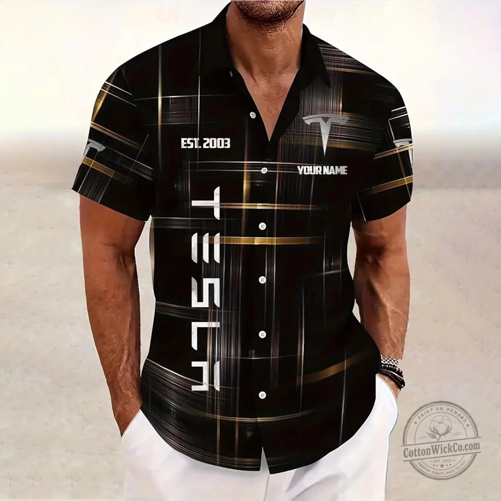 Tesla Motors Black and Gold Plaid Custom Name Button Up Hawaiian Shirt