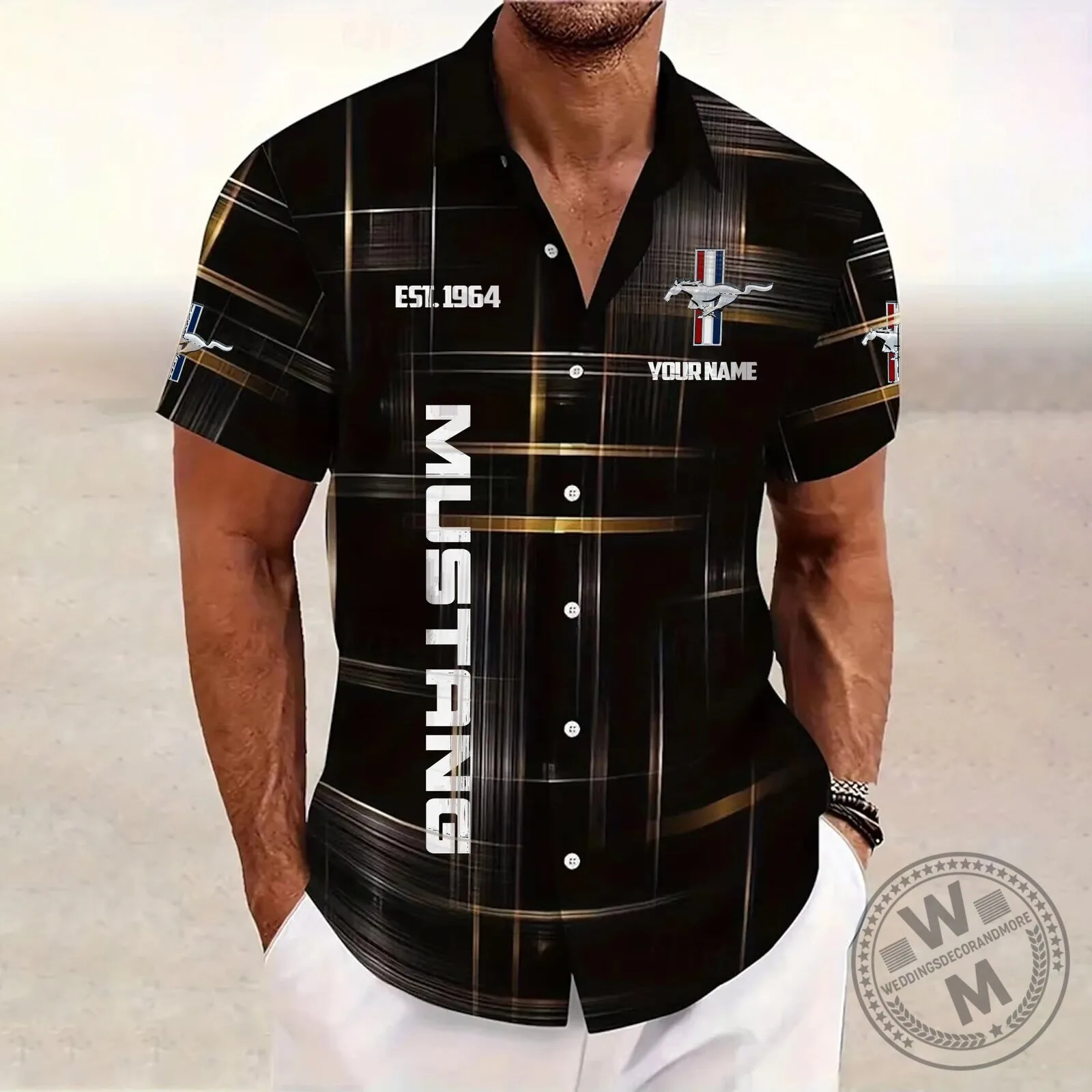 Ford Mustang Est 1964 Custom Name Black Plaid Hawaiian Shirt