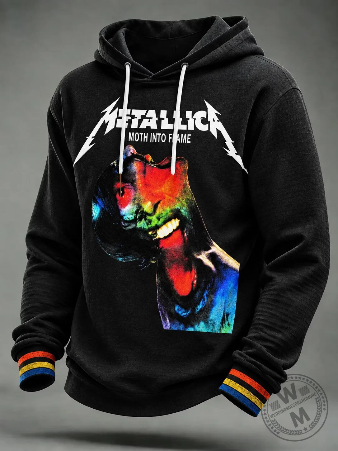 Metallica Moth Into Flame Album Art Black Hoodie with Striped Cuffs 1 Metallica Moth Into Flame Album Art Black Hoodie with Striped Cuffs