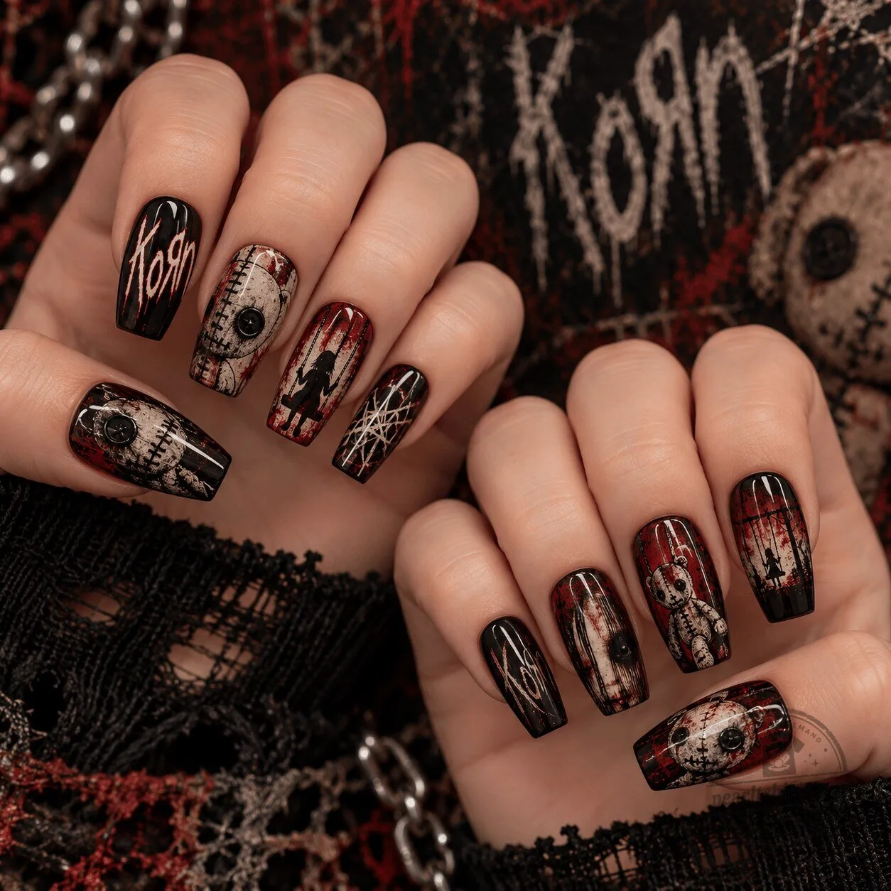Korn Creepy Doll Grunge Press-On Nails Set with Spooky Goth Aesthetic 1 Korn Creepy Doll Grunge Press-On Nails Set with Spooky Goth Aesthetic
