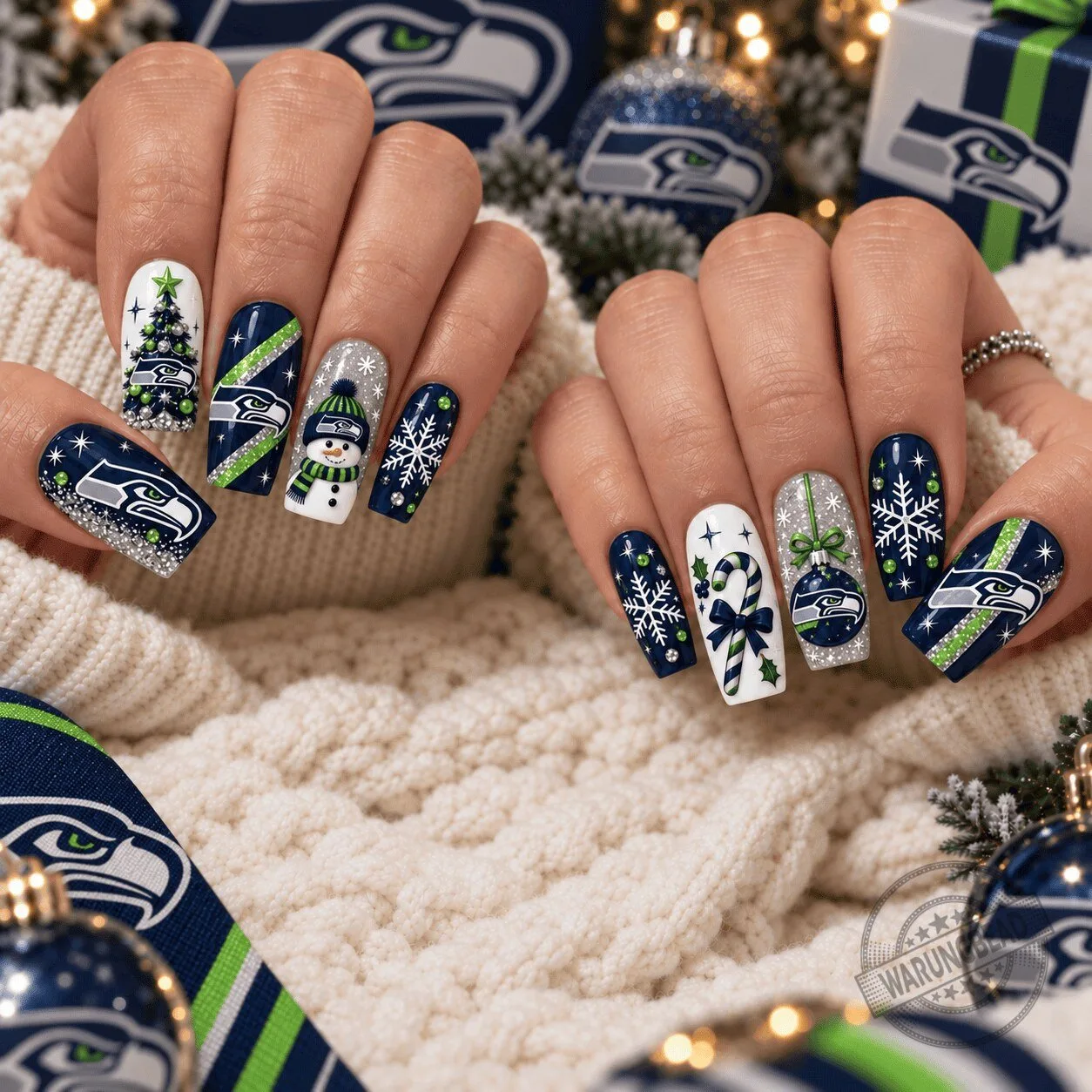 Seattle Seahawks Christmas Spirit Press On Nails Set with Snowman and Candy Cane 1 Seattle Seahawks Christmas Spirit Press On Nails Set with Snowman and Candy Cane