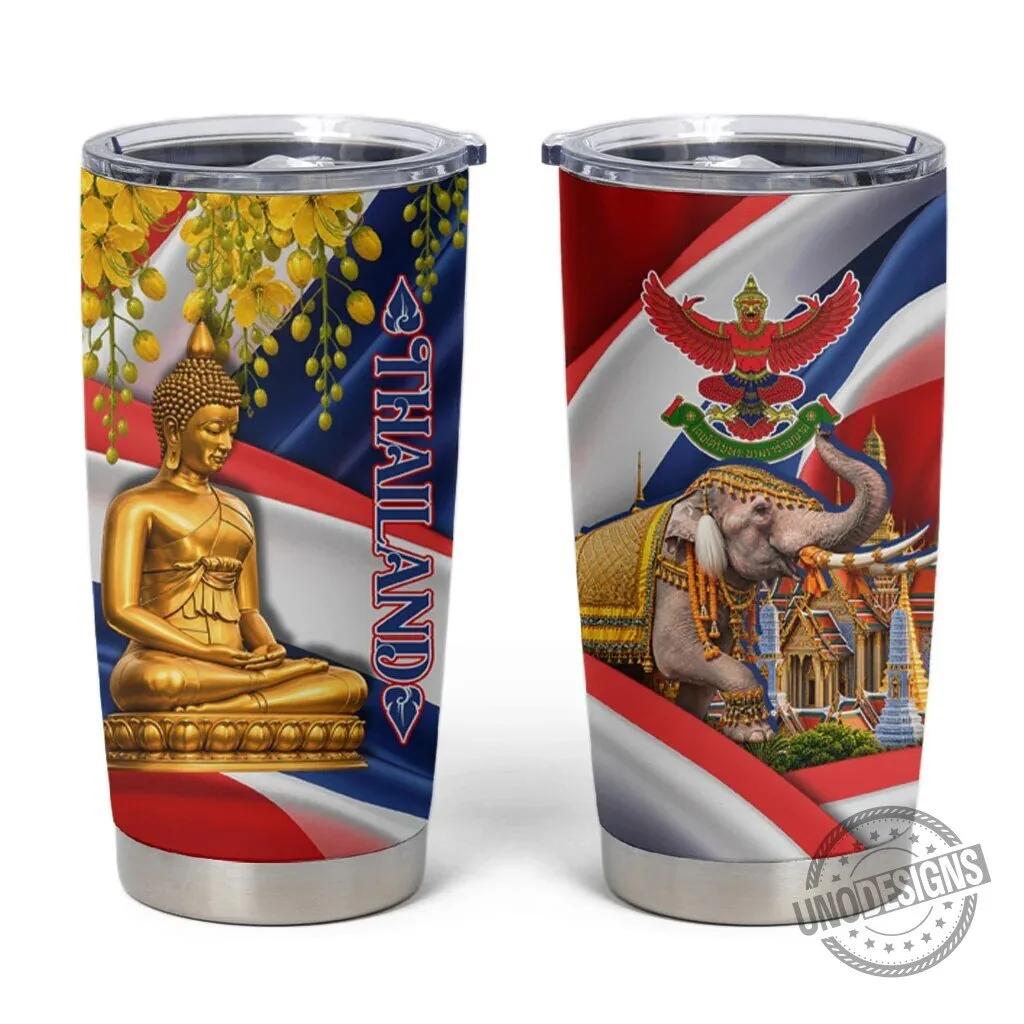 Thailand Golden Buddha Elephant Temple Garuda Flag Art Stainless Steel Tumbler