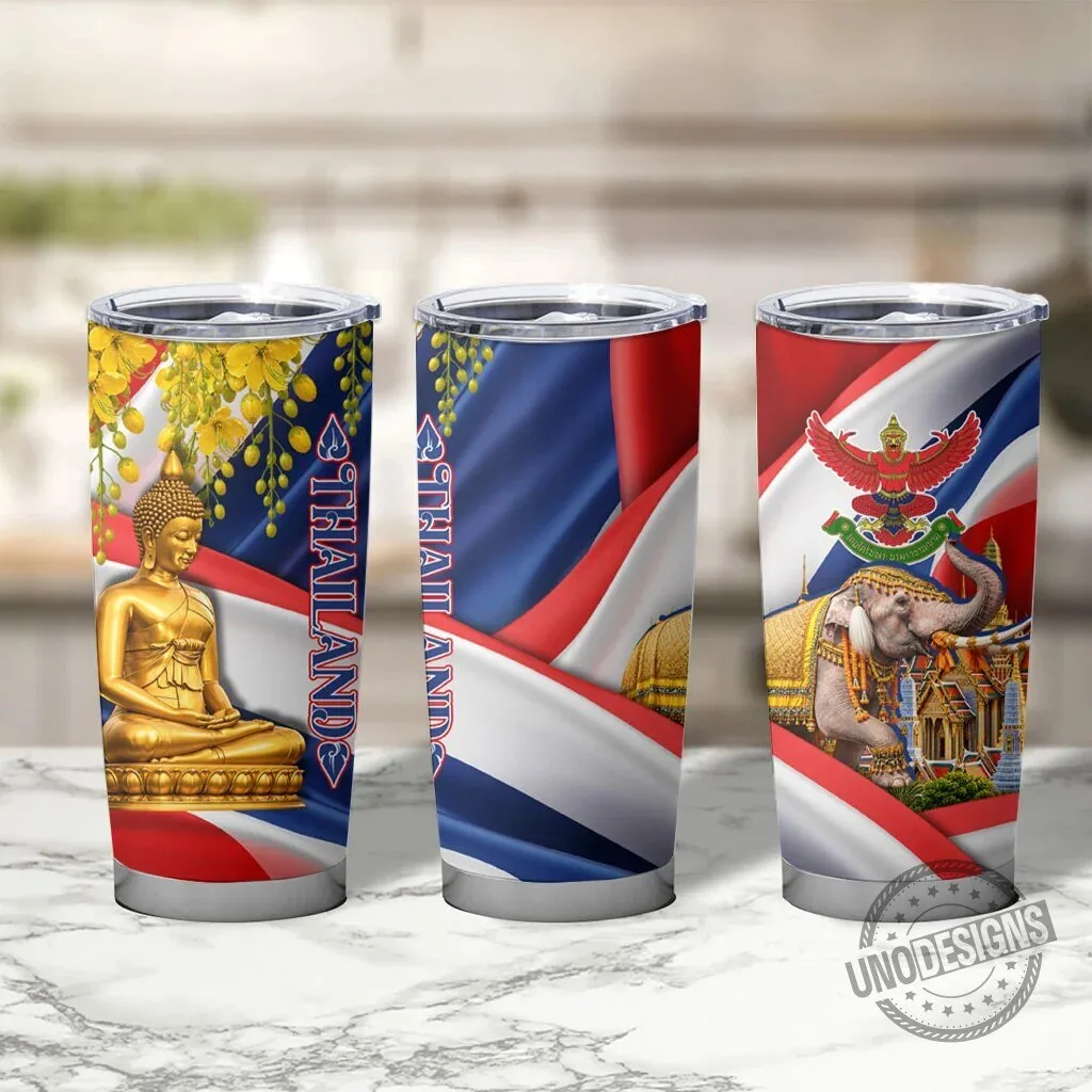 Thailand Golden Buddha Elephant Temple Garuda Flag Art Stainless Steel Tumbler 8 Thailand Golden Buddha Elephant Temple Garuda Flag Art Stainless Steel Tumbler