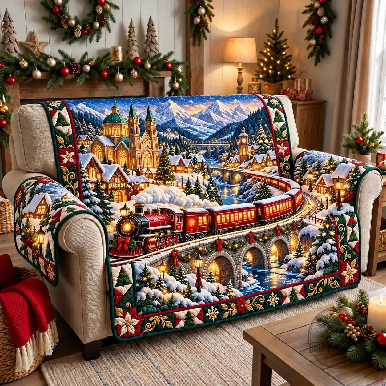 Alpine Christmas Express Winter Village Quilted Sofa Cover