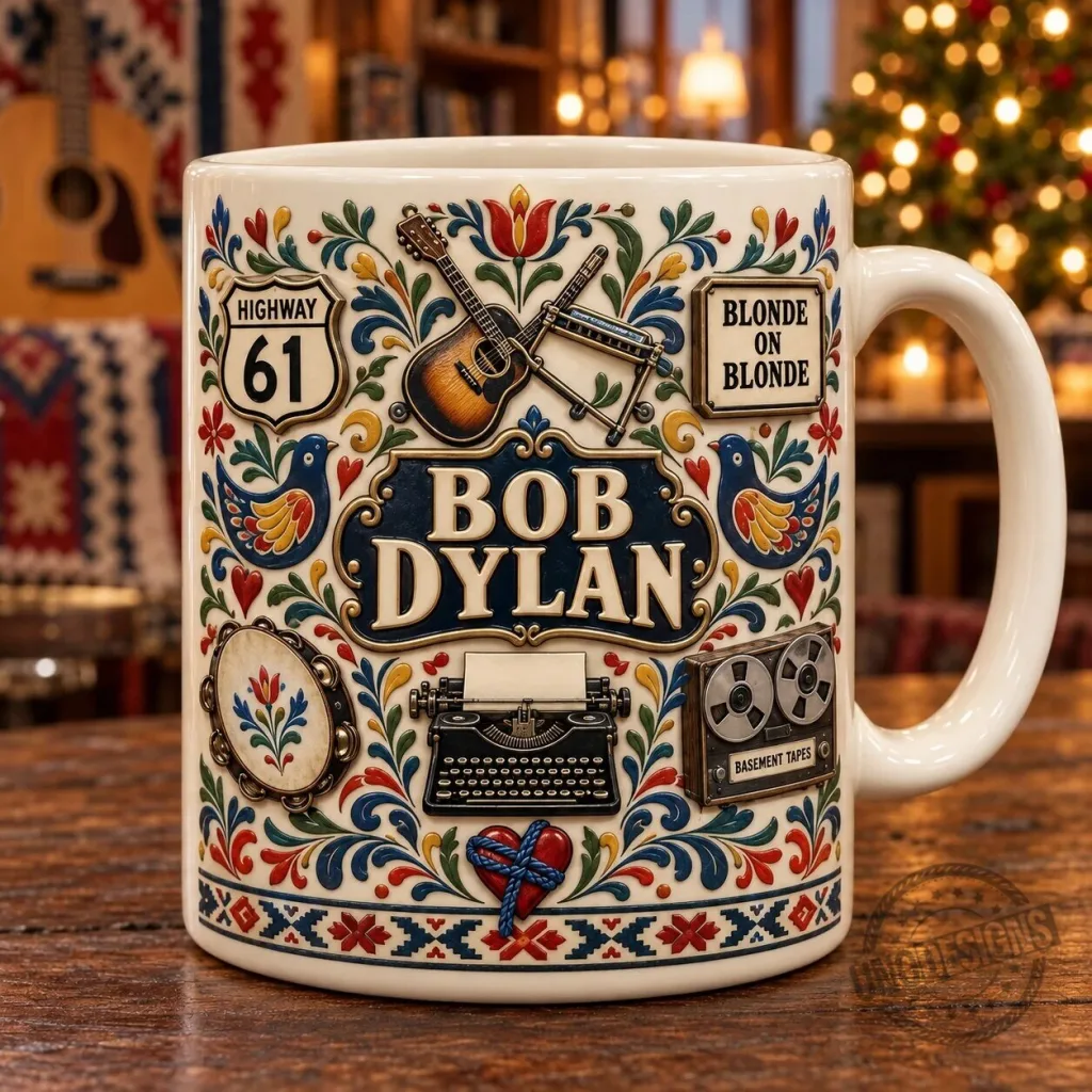 Bob Dylan Highway 61 Revisited Blonde on Blonde Folk Art Ceramic Coffee Mug Bob Dylan Highway 61 Revisited Blonde on Blonde Folk Art Ceramic Coffee Mug