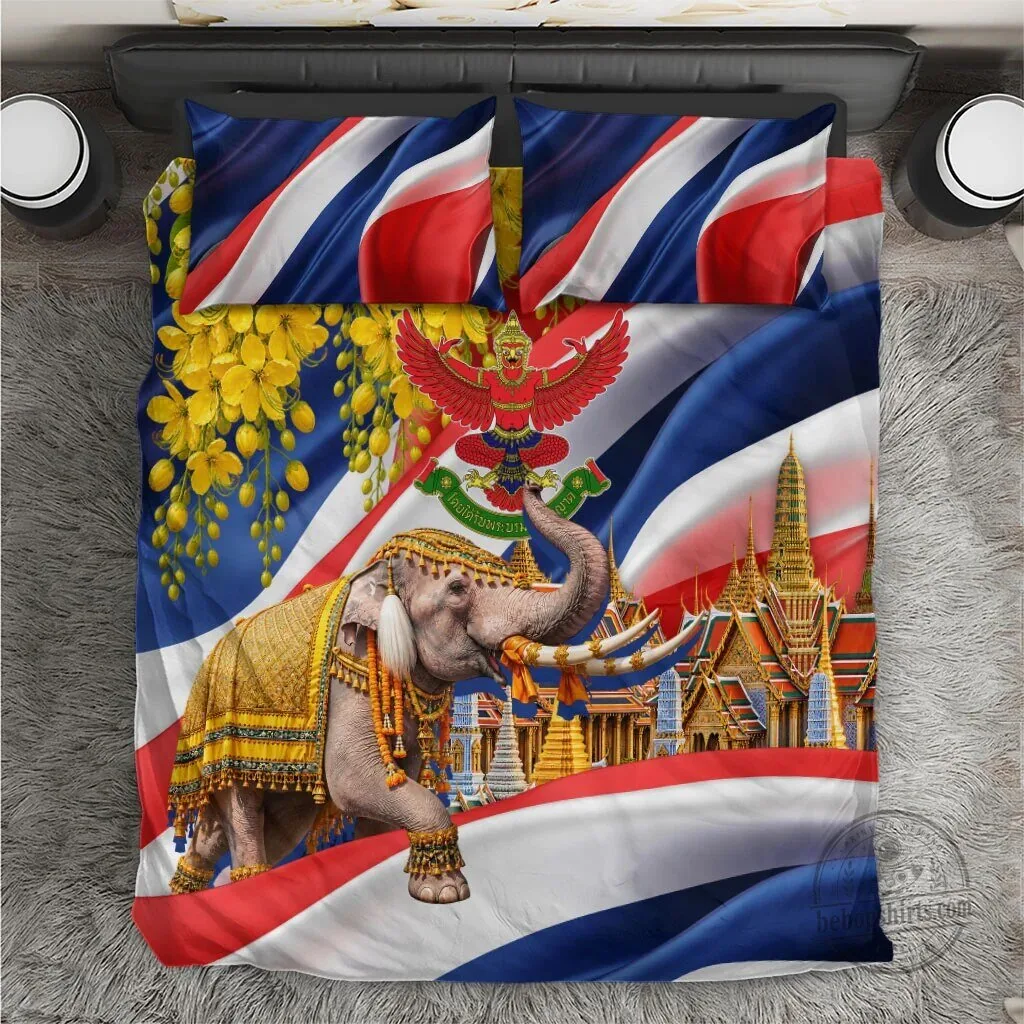 Thailand Flag Golden Buddha Elephant Temple Garuda Art Bedding Set