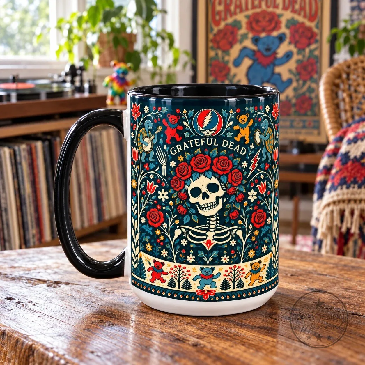 Grateful Dead Nordic Folk Art Skull and Roses Dancing Bears Ceramic Coffee Mug