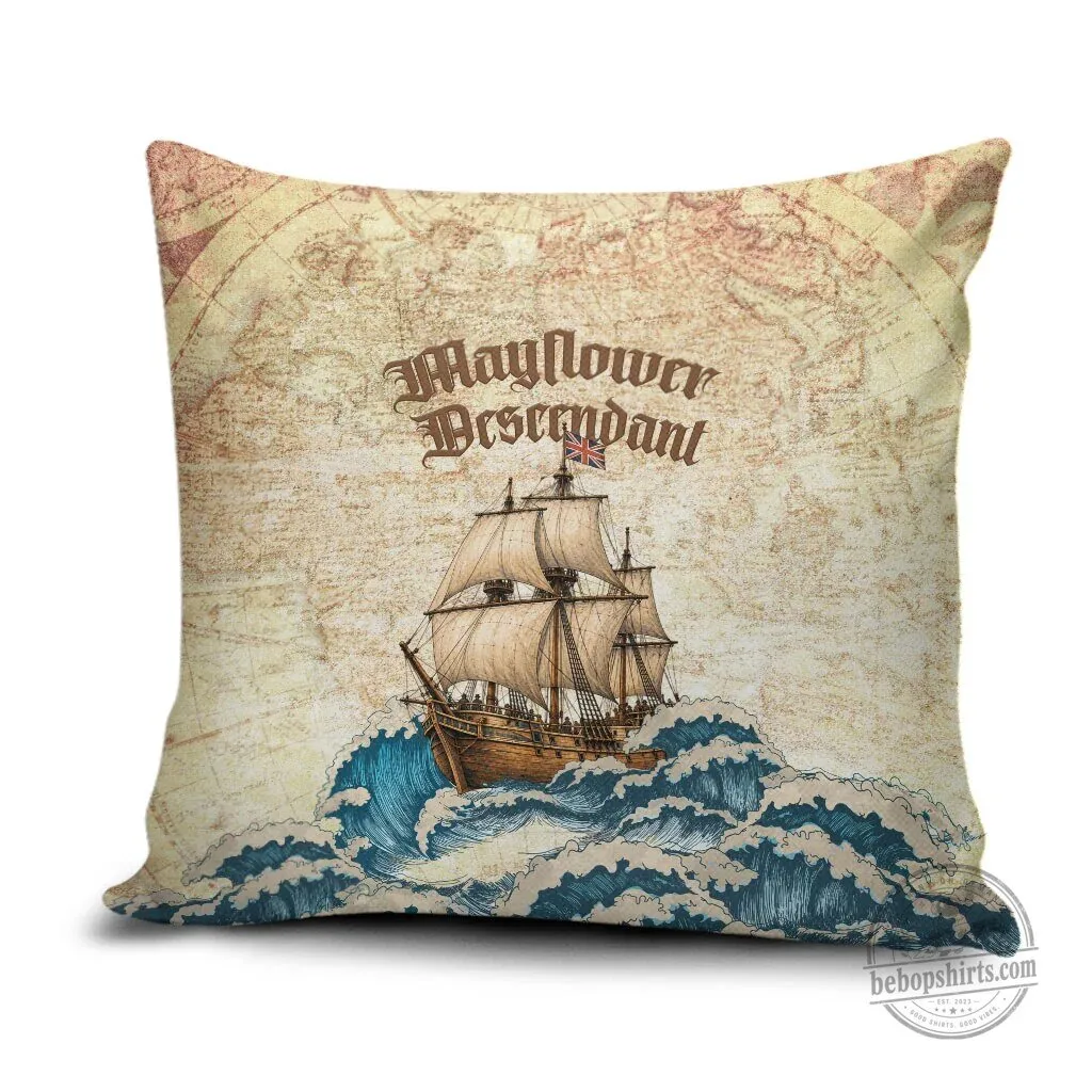 Mayflower Descendant Ship Vintage Nautical Map Ocean Waves Decorative Pillow