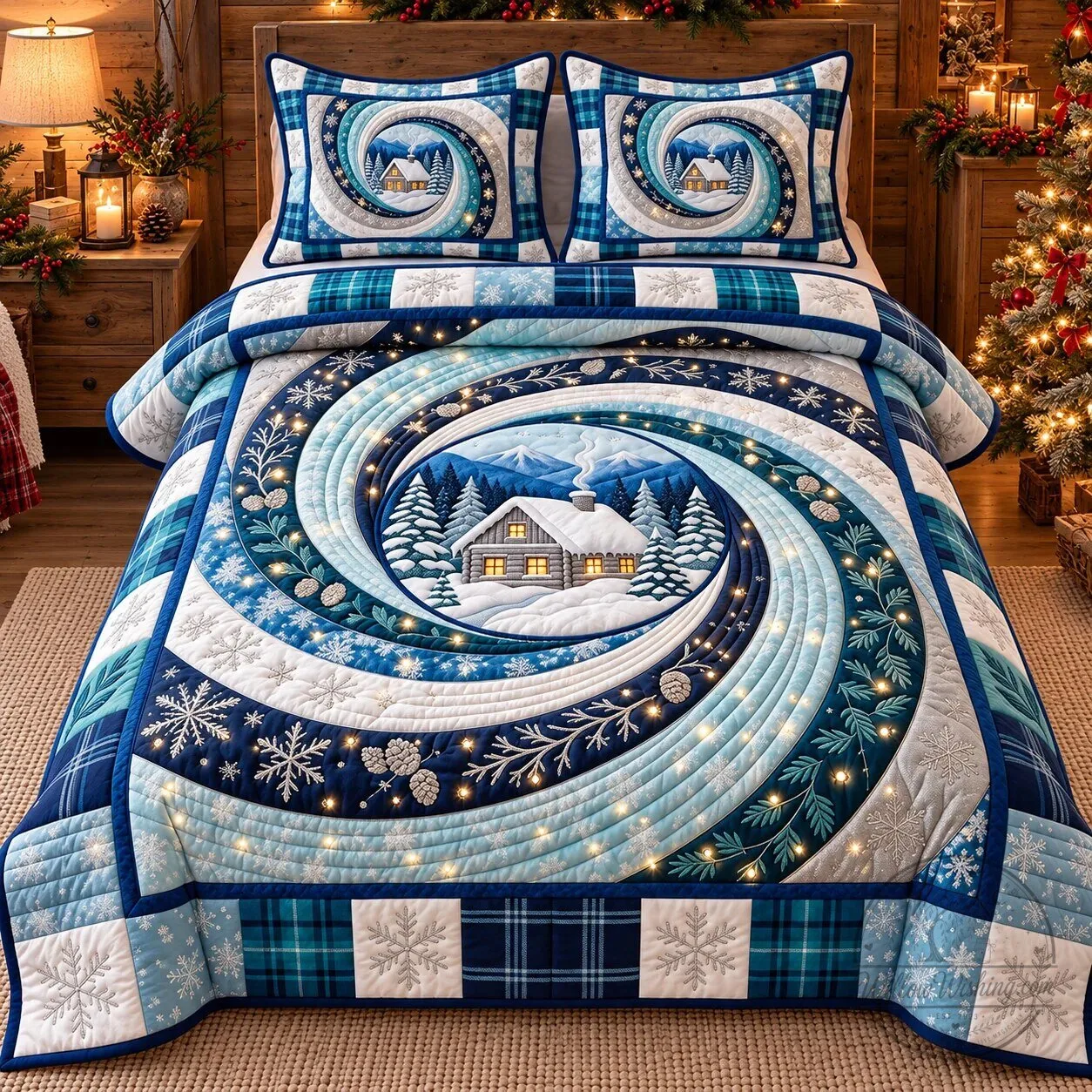 Winter Cabin Swirl Christmas Quilted Bedding Set with Snowflakes and Pine Cones