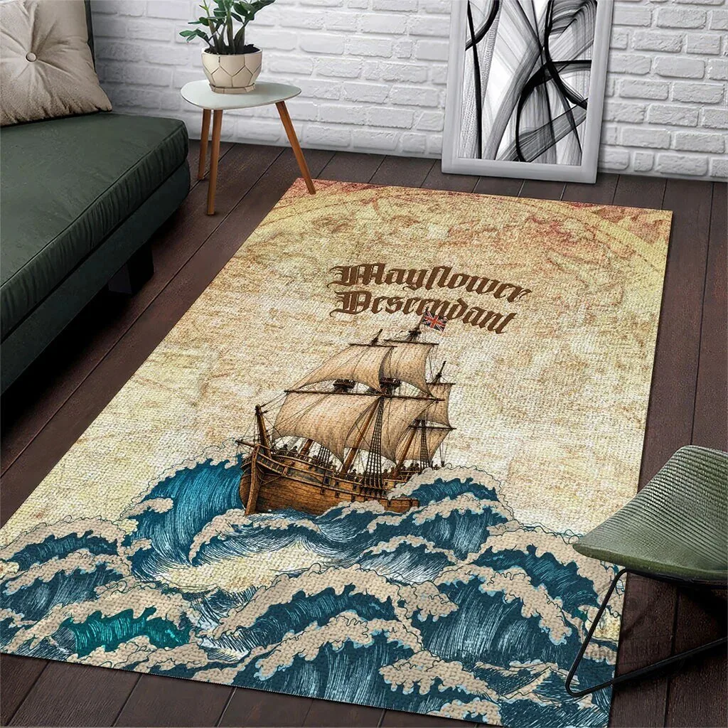 Mayflower Descendant Ship Vintage Nautical Map Ocean Waves Area Rug