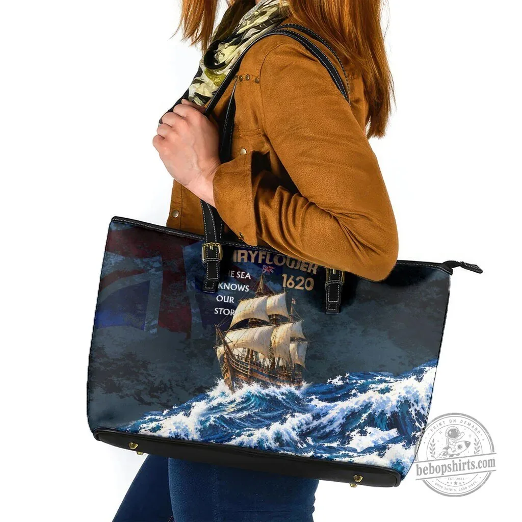 Mayflower 1620 Ship Ocean Waves Vintage Nautical Art Leather Tote Bag