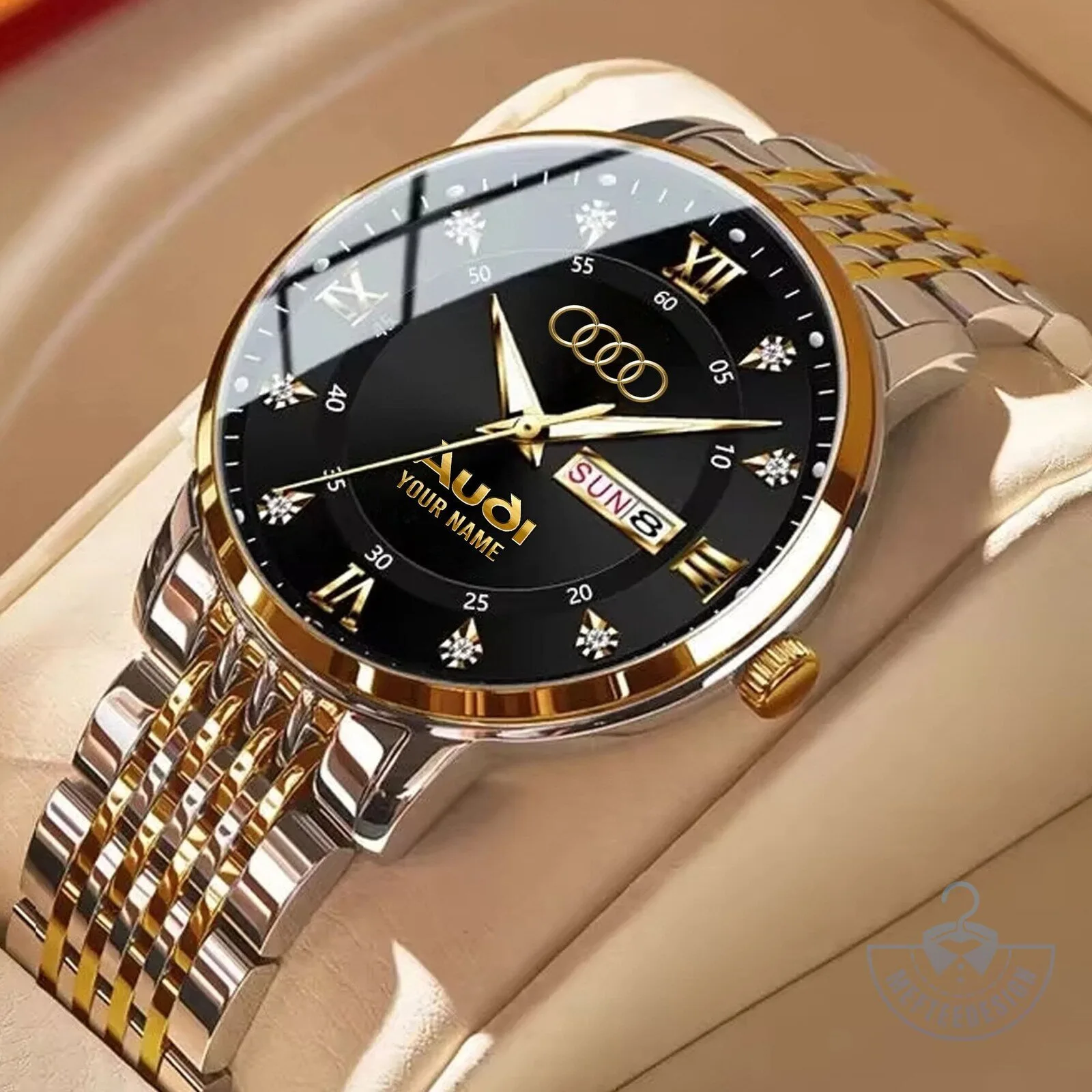 Audi Luxury Gold and Silver Stainless Steel Custom Name Watch