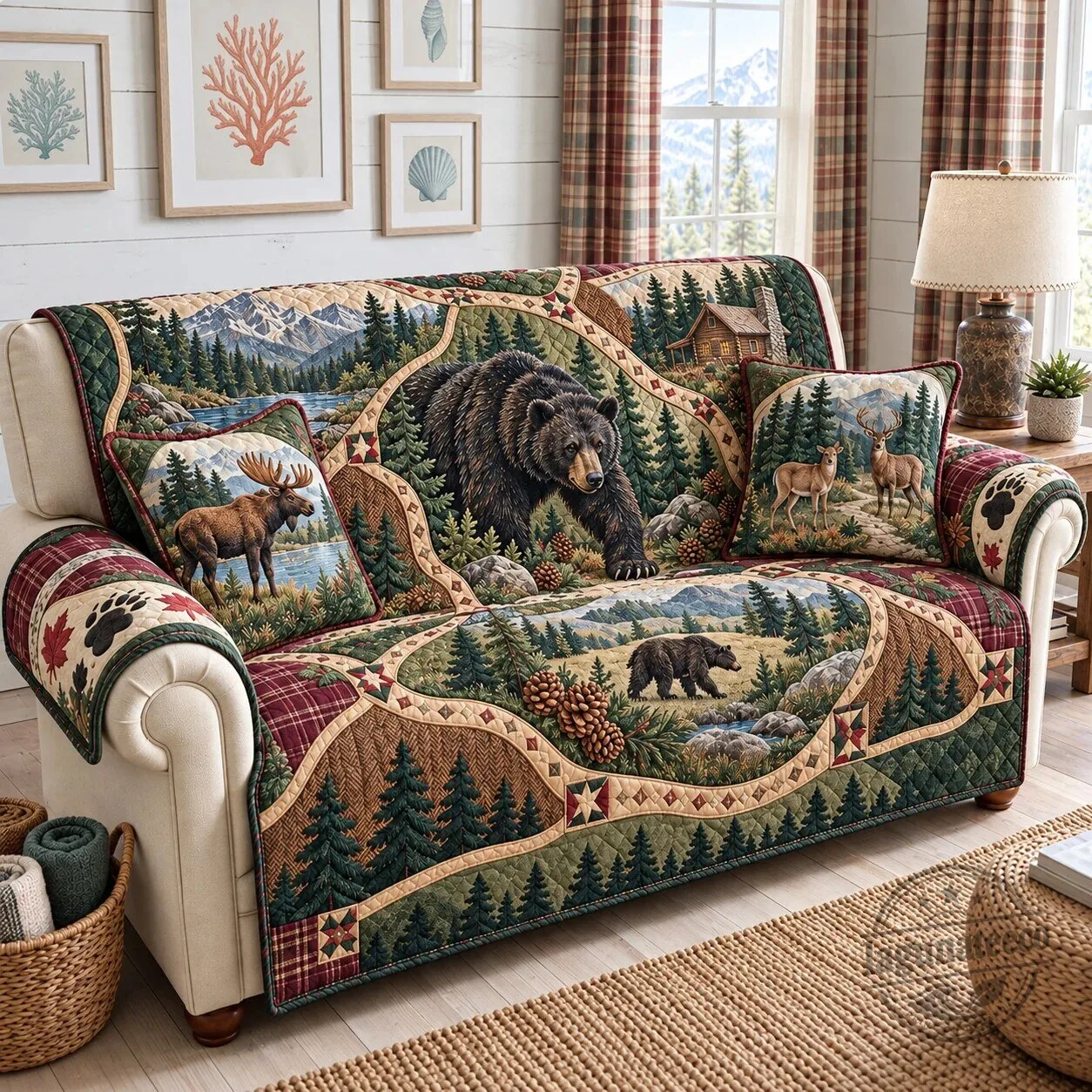 Rustic Forest Bear And Deer Quilted Sofa Cover Protector