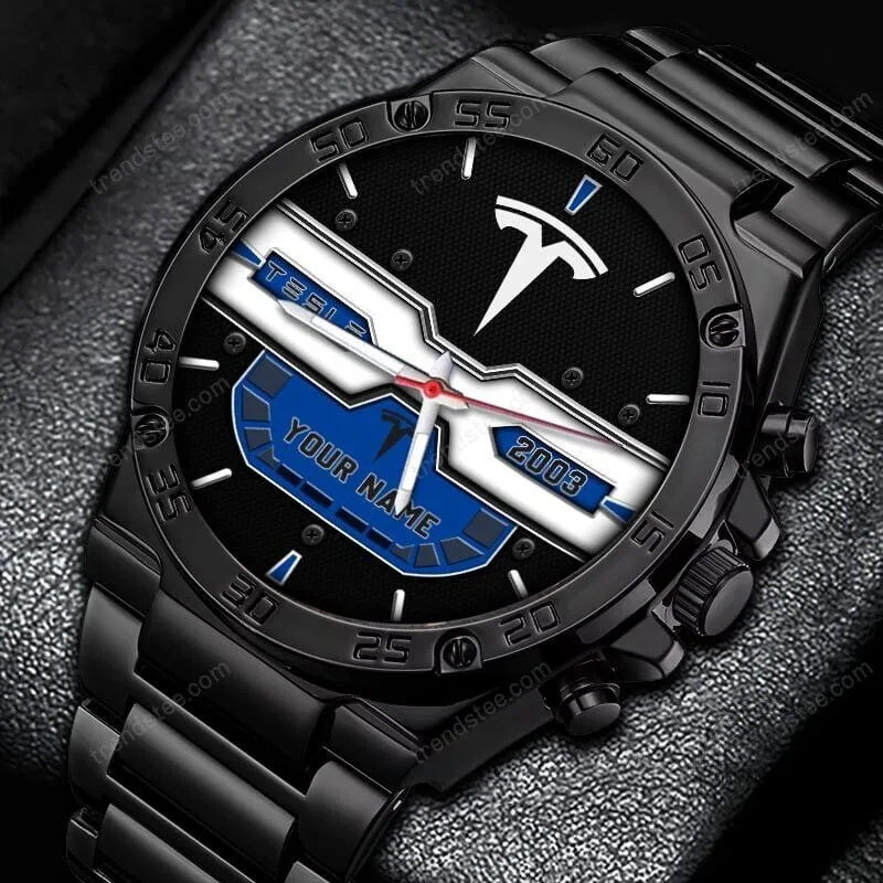 Personalized Tesla Motors Logo Black Stainless Steel Custom Name Watch