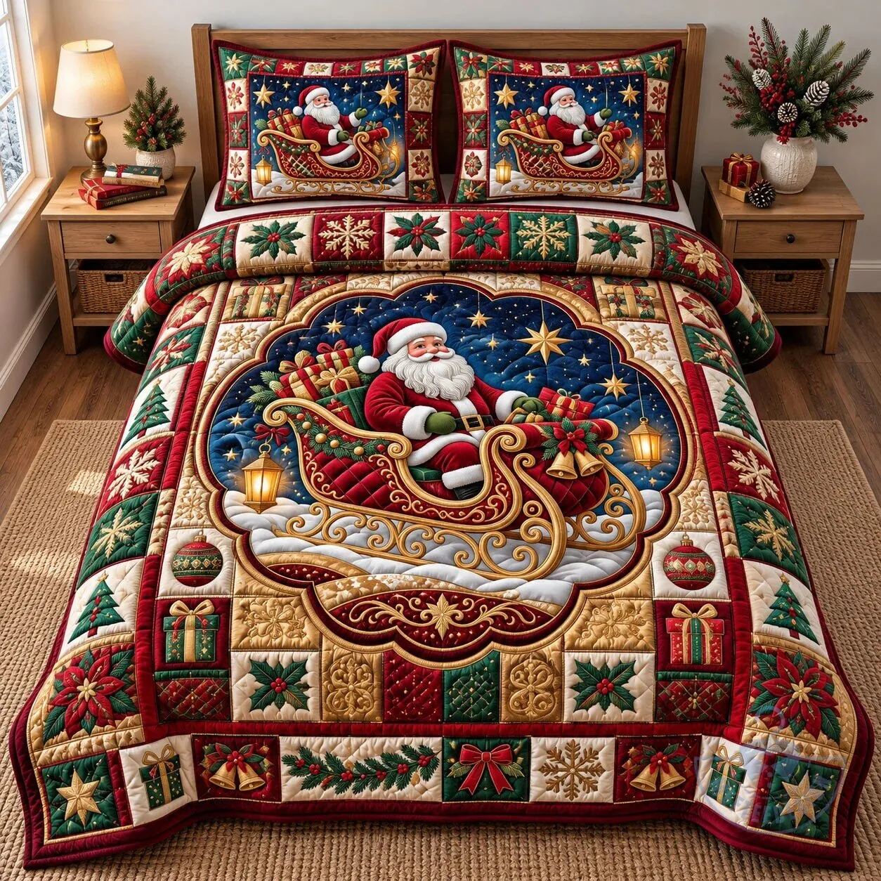 Santa Claus Sleigh Ride Christmas Holiday Quilted Bedding Set