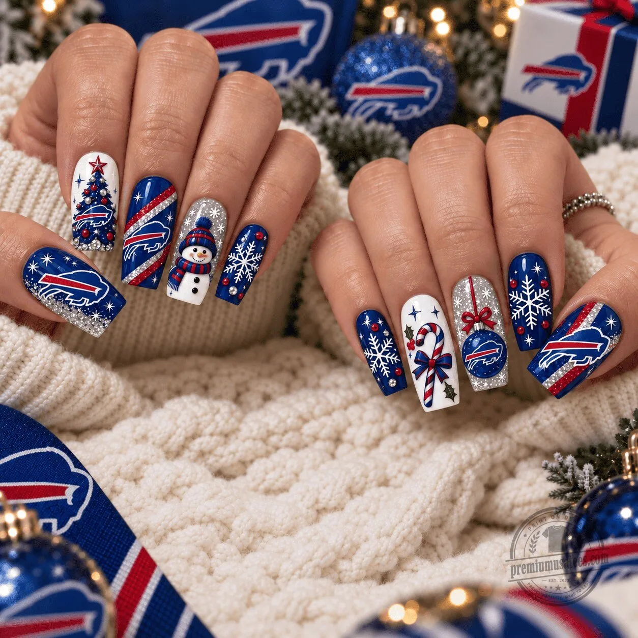 Buffalo Bills Christmas Spirit Press On Nails Set with Snowman and Snowflake Designs