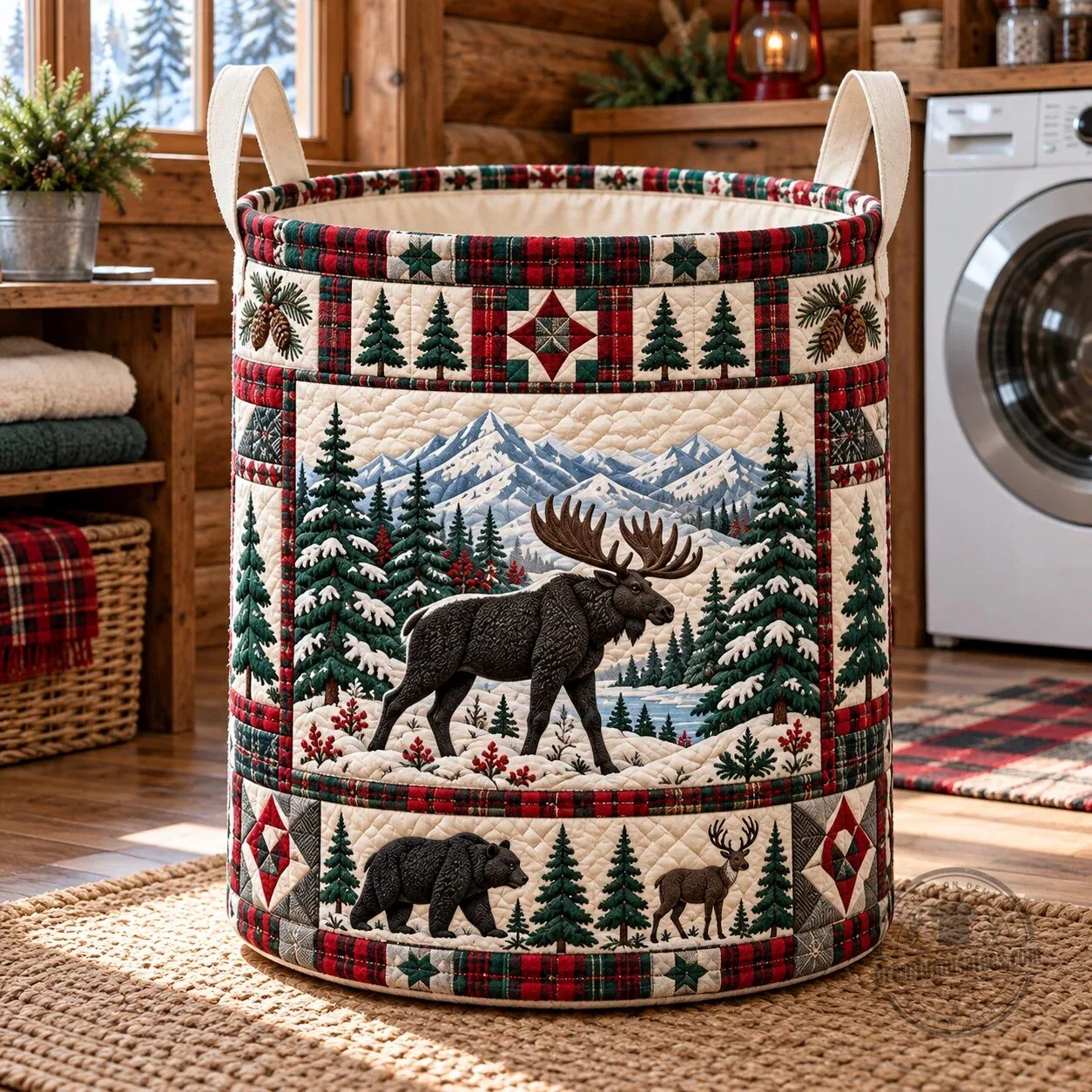 Rustic Forest Patchwork Quilted Laundry Basket with Moose and Bear Design
