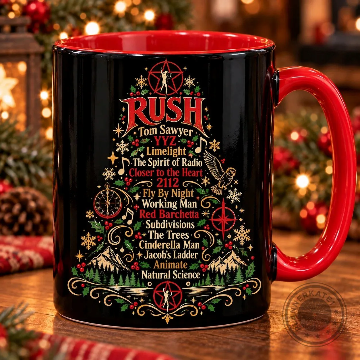 Rush Band Christmas Tree Coffee Lover Gift Mug, Progressive Rock Music Fan Present