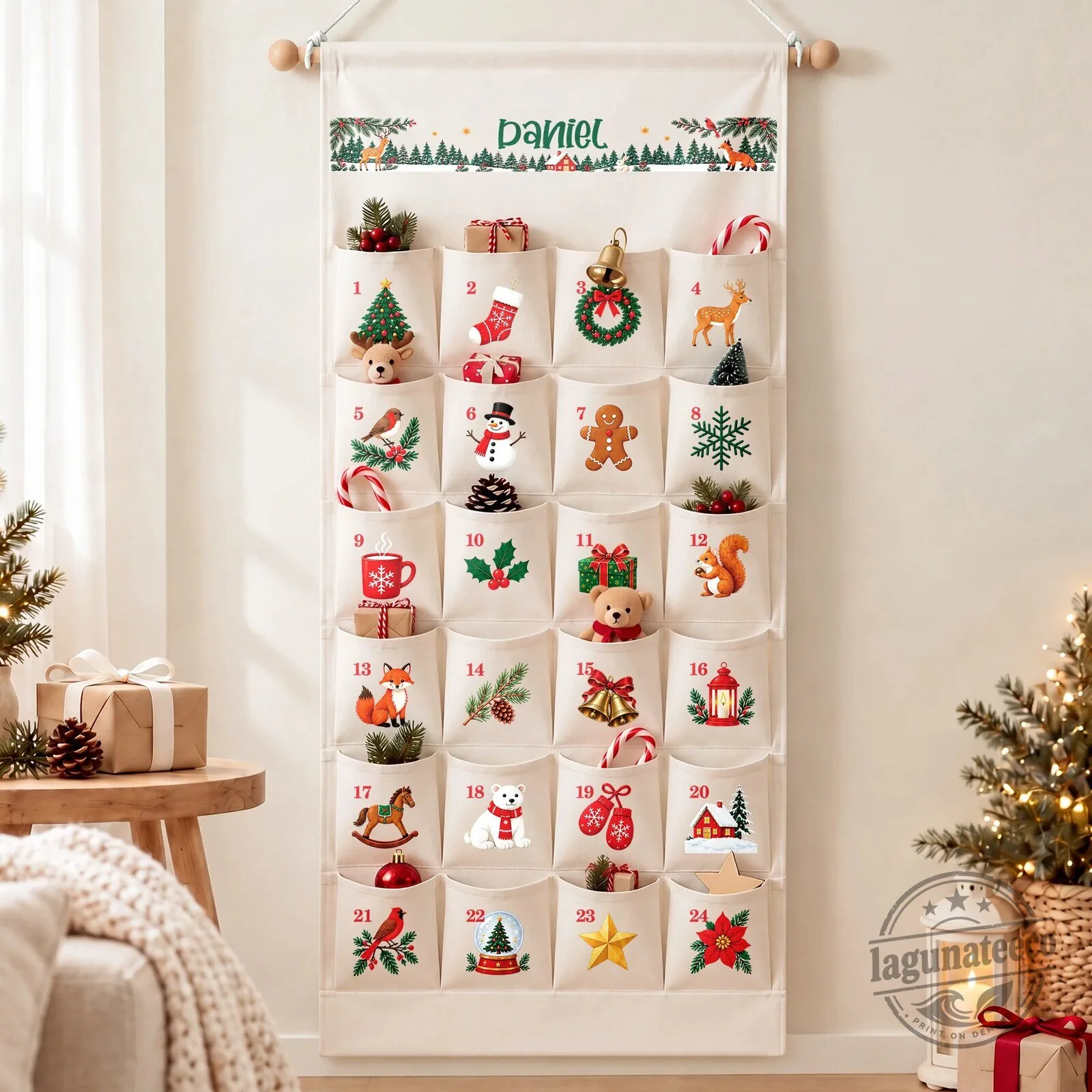 Personalized Woodland Christmas Advent Calendar Hanging Wall Decor