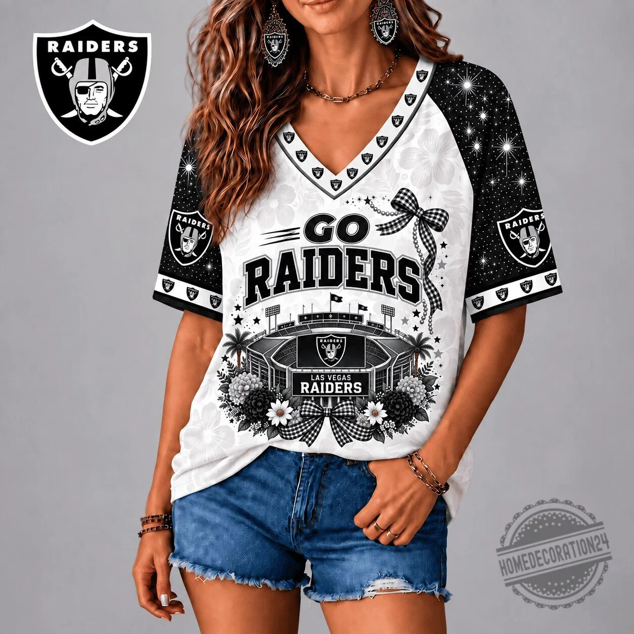 Las Vegas Raiders Football Team Floral V-Neck T-Shirt for Women